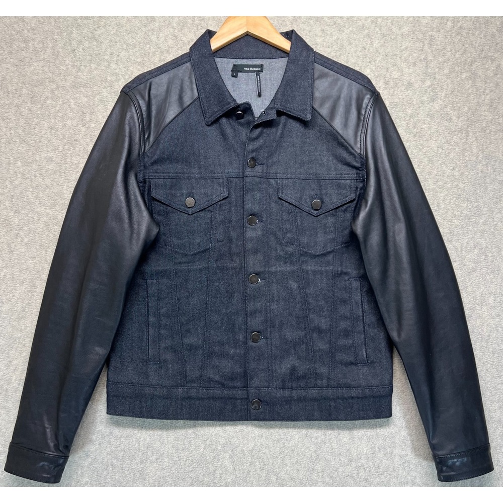 The Kooples Mens Denim Jacket Black Blue Leather Long Sleeve Wester Large